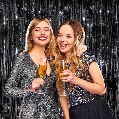 2 Pack Black Metallic Tinsel Foil Fringe Curtains, Door Streamers Photo Booth Backdrop for Birthday Party, Tinsel Curtain Backdrop for Baby Shower Bachelorette Christmas Party Decorations