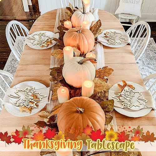 12 Pcs Thanksgiving Maple Leaf Pumpkin Wooden Plate Decor Grateful Wood Cutouts Fall Autumn Thankful Blessed Favour Gather Party Place Card Table Settings Signs for Farmhouse Dining Table