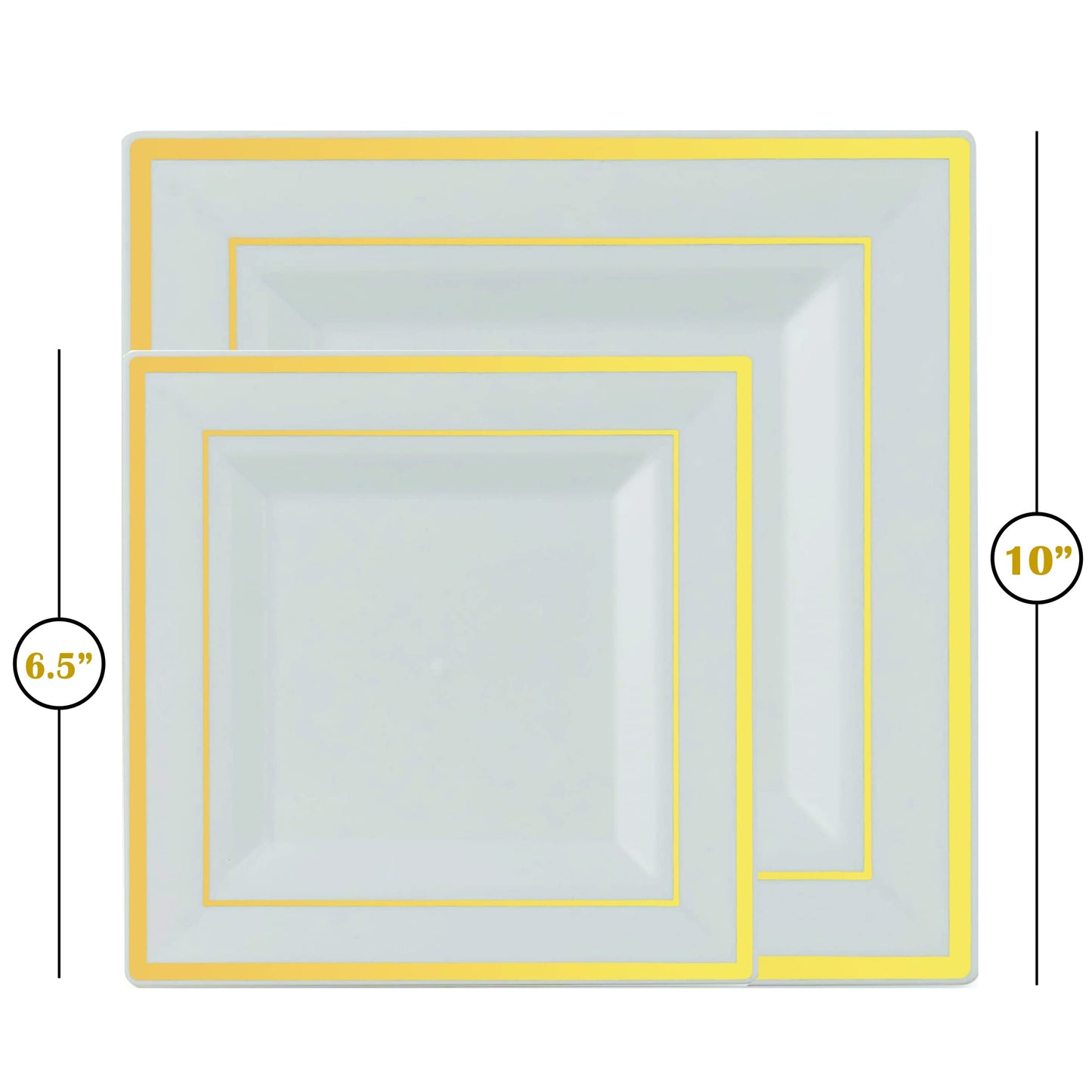 Gold Disposable Plates Set For 50 Guest - 350 Piece Gold Plastic Dinnerware Set - 100 Gold Rimmed Square Plastic Plates, 50 Gold Rimmed Plastic Cups, 50 Paper Napkins, 50 Gold Silverware Set