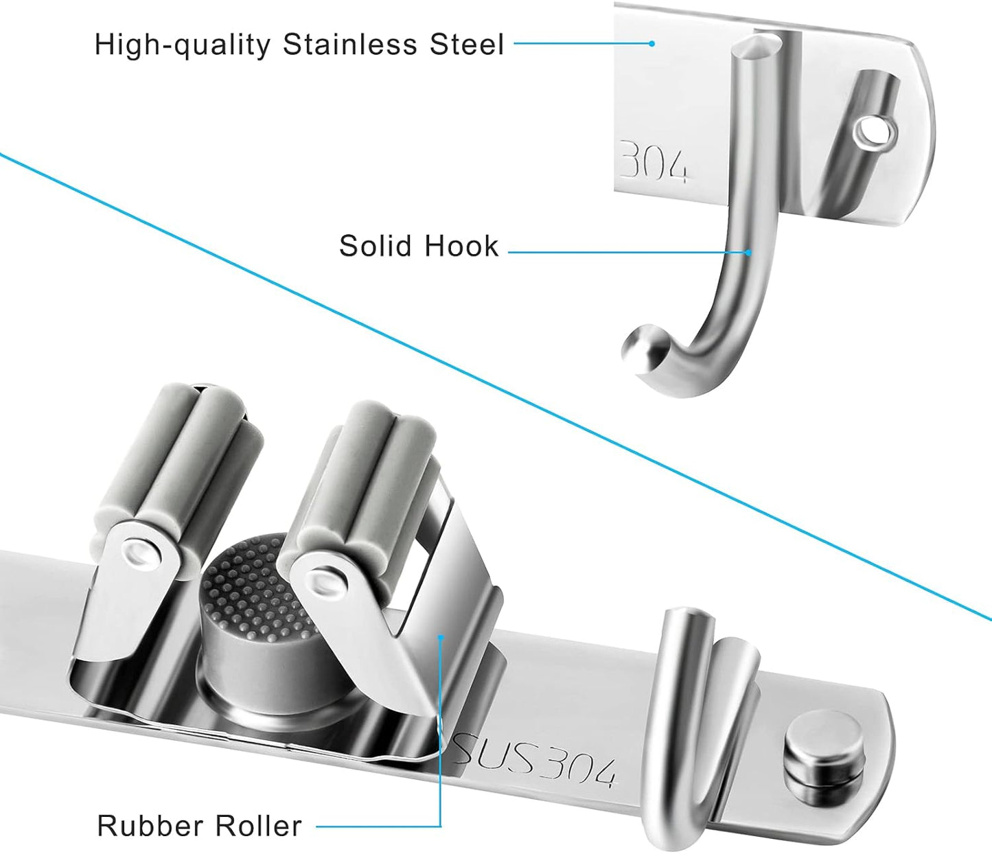 Stainless Steel Broom and Mop Holder | Wall Mounted Storage Rack with 2 Racks & 3 Hooks
