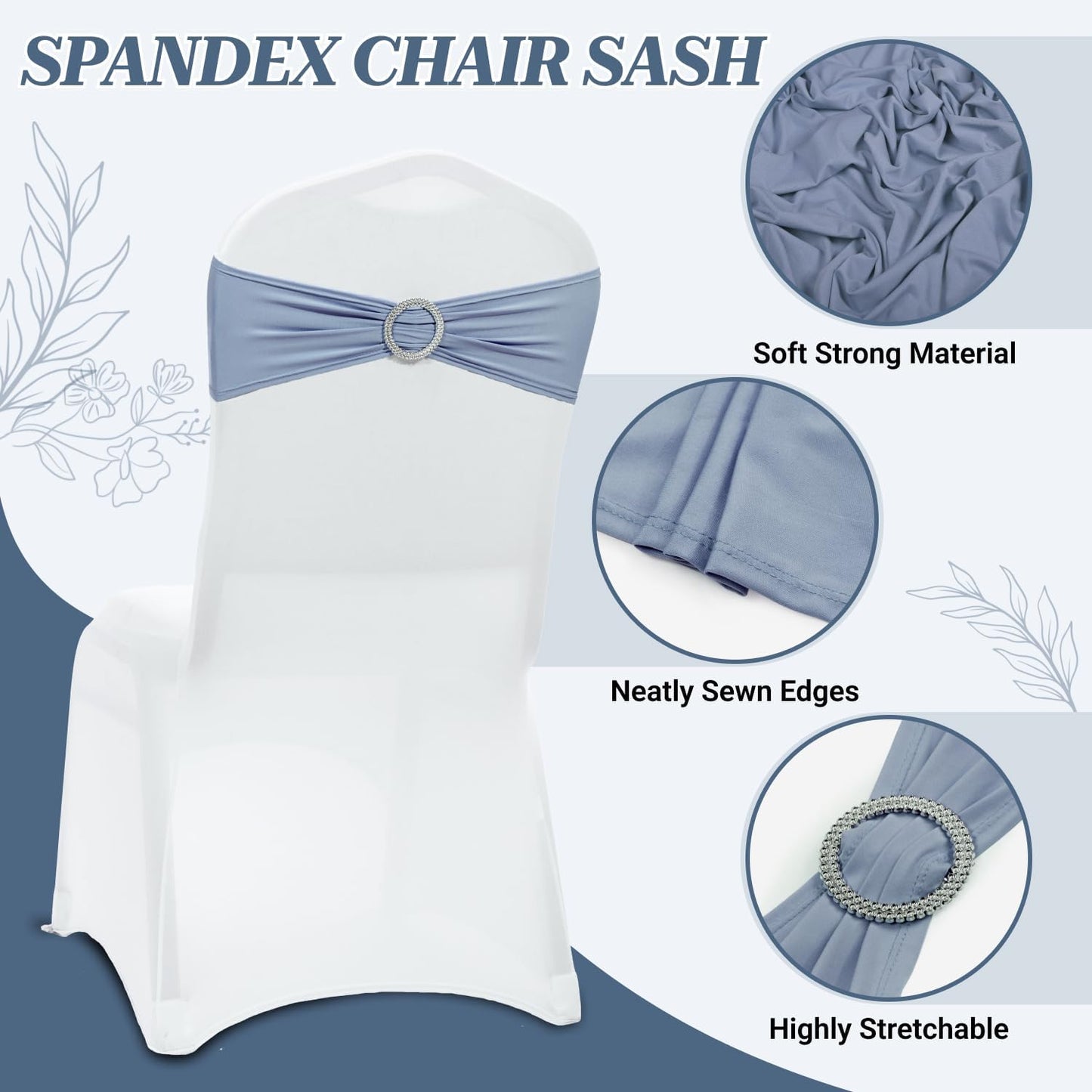 MDS Spandex Chair Sashes - Pack of 150 Elastic Stretch Bows with Buckle Slider for Wedding Decor - Dusty Blue