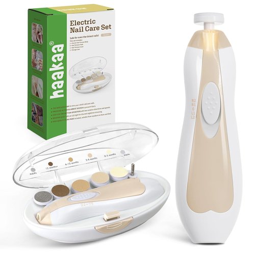 Haakaa Electric Baby Nail File Kit - LED Light & 6 Replacement Heads for Newborns, Infants, Adults | Acorn