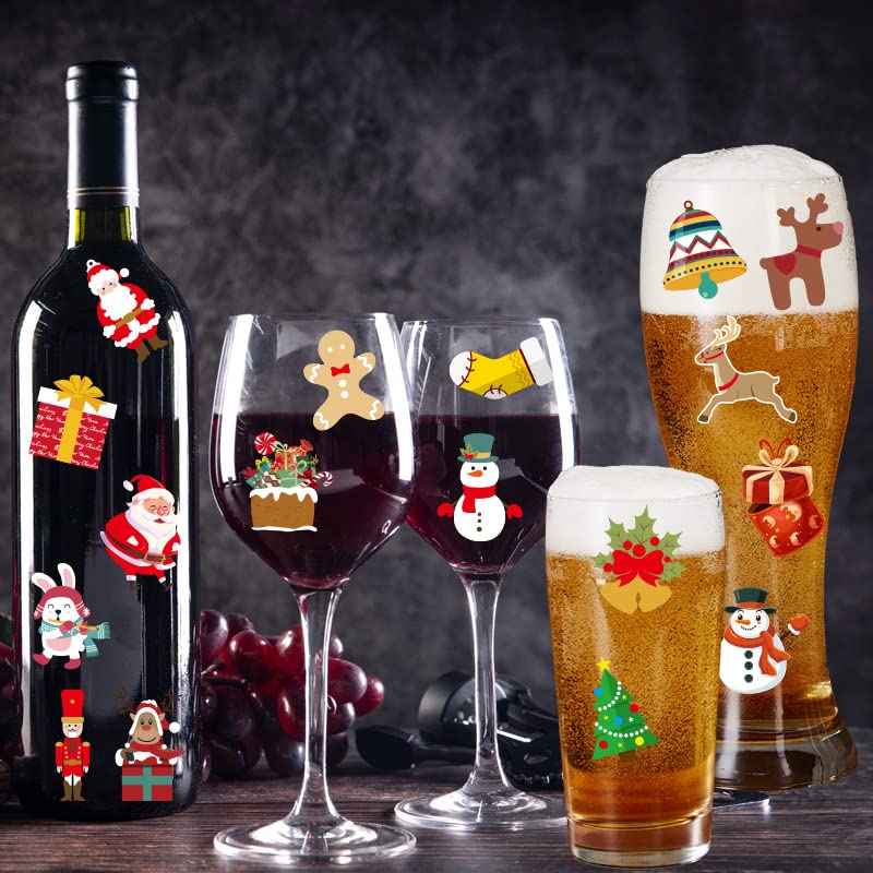 Furimuk 48 Piece Christmas Wine Glass Markers - Santa, Moose, Bells, Tree Stickers for Wine Tasting & Dinner Party