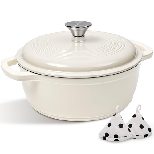 Enameled Cast Iron Dutch Oven Pot With Lid - AIVIKI 5QT Dutch Oven for Bread Baking With Cotton Potholders - Heavy-Duty Cookware for Braising, Stew, Roasting, Oven Safe up to 500°F, Cream White