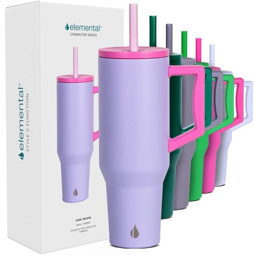 Elemental 40 oz Tumbler with Handle and Straw - Spill Proof Insulated Stainless Steel Commuter for Cold Beverages - Travel Coffee Mug with 2 Straws & Spill Proof Lid - 40oz - Lilac Tie Dye