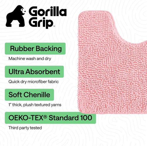 GORILLA GRIP Plush Chenille Bath Rug Mat - Soft Microfiber, Machine Washable, Oval Toilet Base, Light Pink