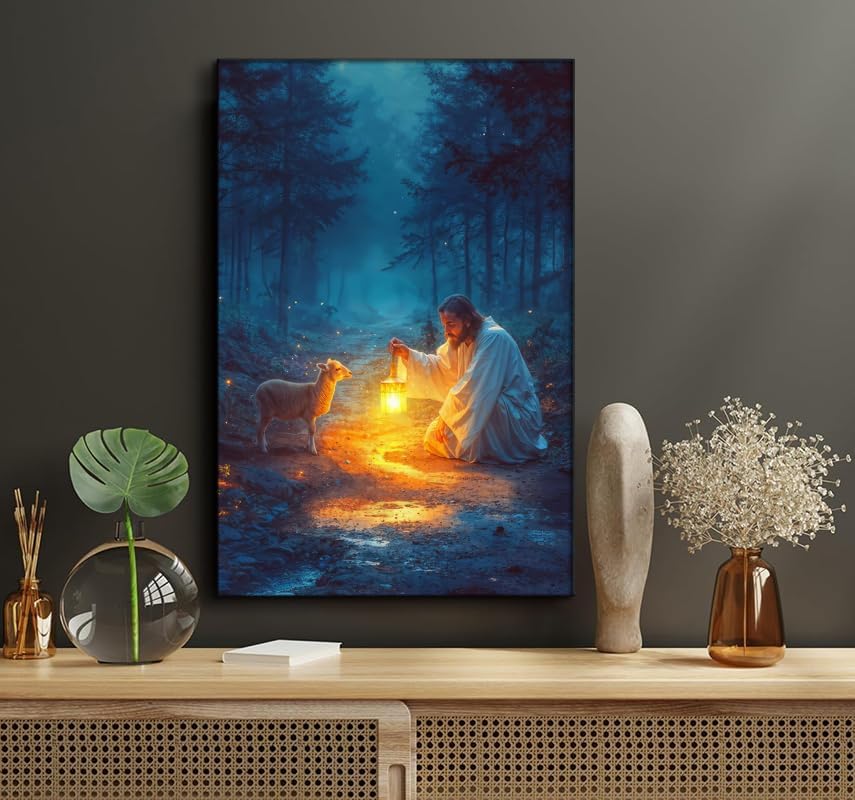 Ploceiny Christian Wall Art | Jesus Running After Lost Lamb Canvas Poster | 16" x 24" Home Decor
