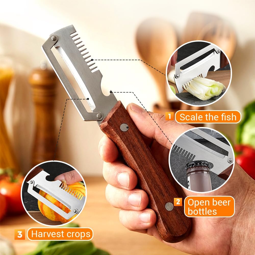 Skiennix Multi-Functional Vegetable Peeler - Stainless Steel with Wooden Handle | Ideal for Fruits & Scallions