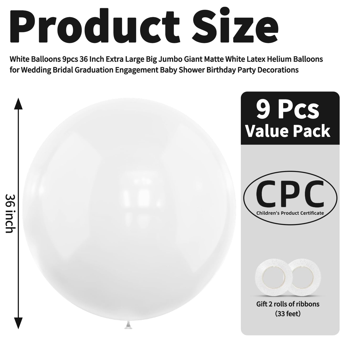LEEZZIZZ White Giant Balloons 36 Inch, Large Latex Balloons, 9 Pcs Jumbo Balloons Bluk for Kid's Party Wedding Birthday Supply Decorations.