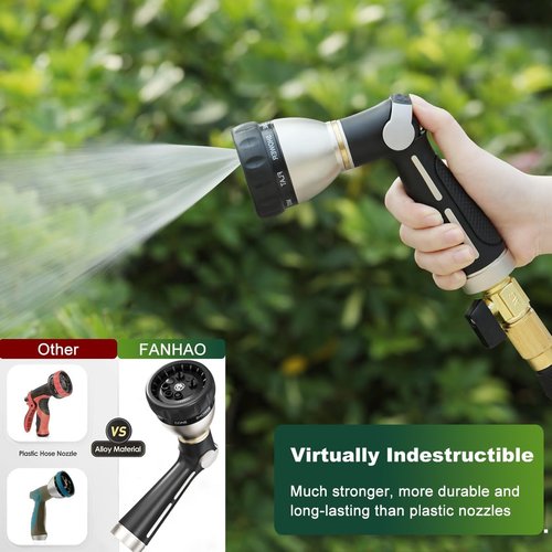 FANHAO Heavy Duty Metal Garden Hose Nozzle - 8 Spray Patterns with Thumb Control & On/Off Valve
