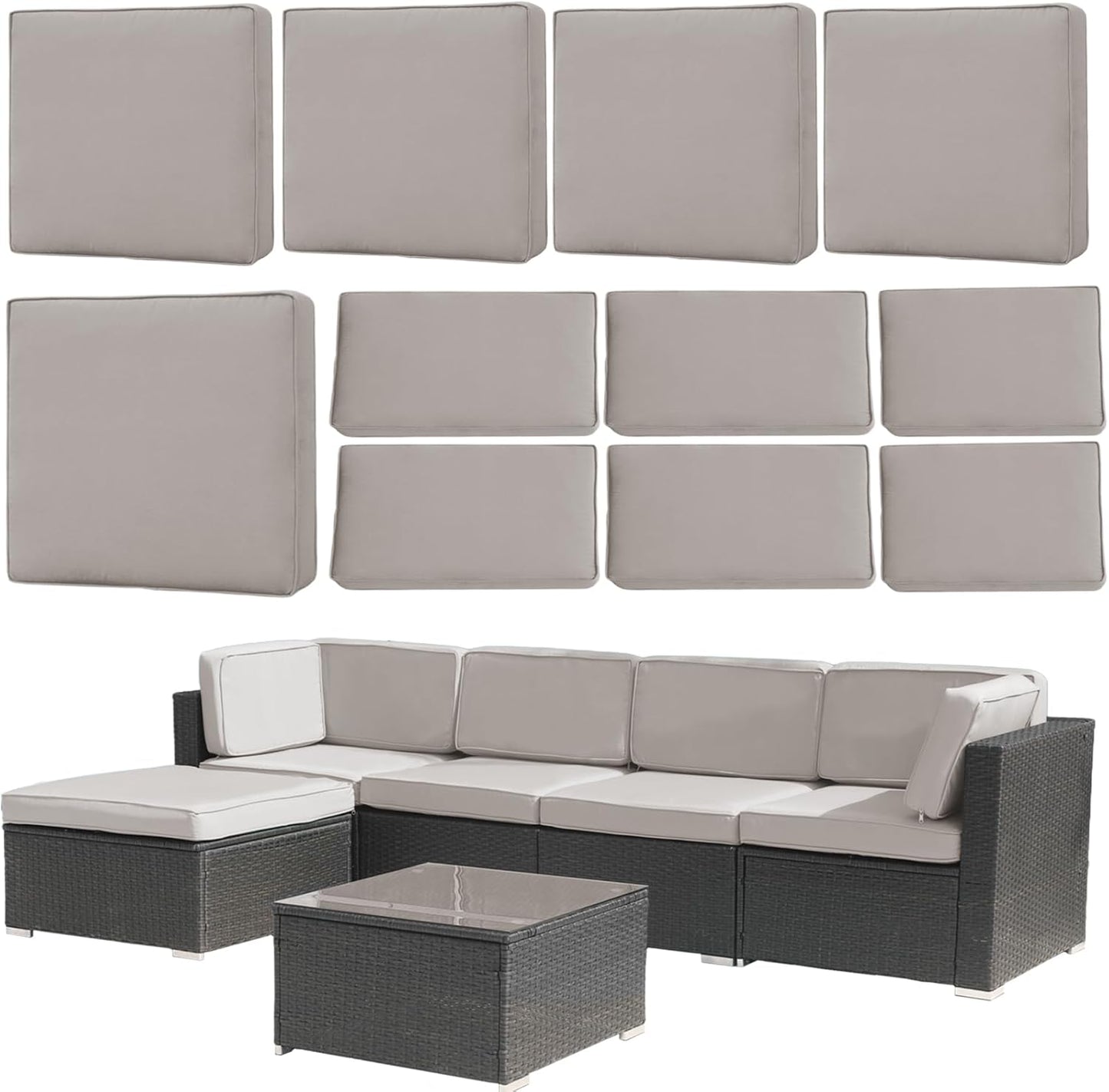 Skiennix 11-Piece Patio Cushion Covers - Waterproof Slipcovers for 6-Seater Sofa | Light Gray, Washable 25.6" L x 25.6" W x 3.94" H