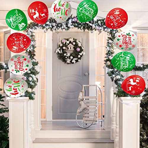 FEPITO 50Pcs Christmas Party Balloon 12 Inch White Red and Green Latex Balloons, 6 Merry Xmas Style for Decoration Party Supplies