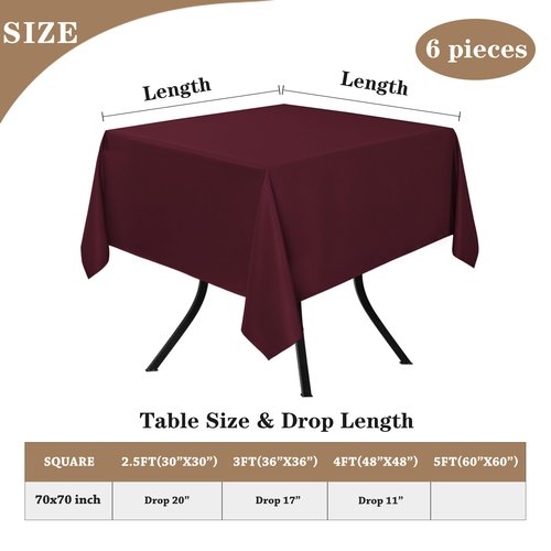 Fitable 6 Pack Square Tablecloths - 70 x 70 Inches - Stain Resistant and Reusable Table Clothes, Burgundy Polyester Fabric Table Covers for Dining, Card Tables, Coffee Tables