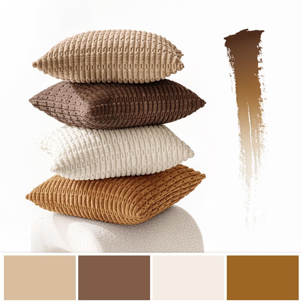 MIULEE Pack of 4 Neutral Corduroy Decorative Throw Pillow Covers 18x18 Inch for Sofa Living Room Couch Bed Rustic Farmhouse Boho Soft Striped Pillow Covers Home Decor Brown