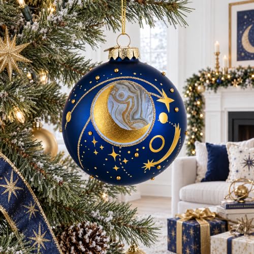 Blue Celestial Planets and Shooting Star Glass Ornament – Hand-Painted Christmas Ball
