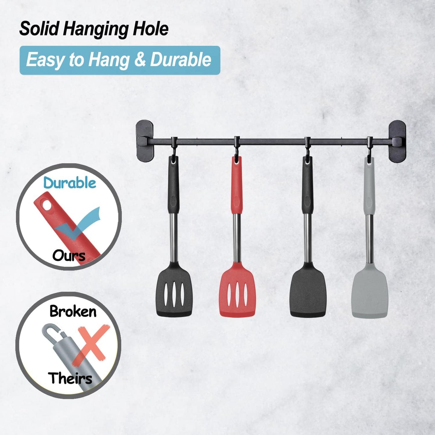Skiennix Silicone Spatula Set - 2 Pack Solid & Slotted Turners with Stainless Steel Handles | Heat Resistant, Non-Stick, Black
