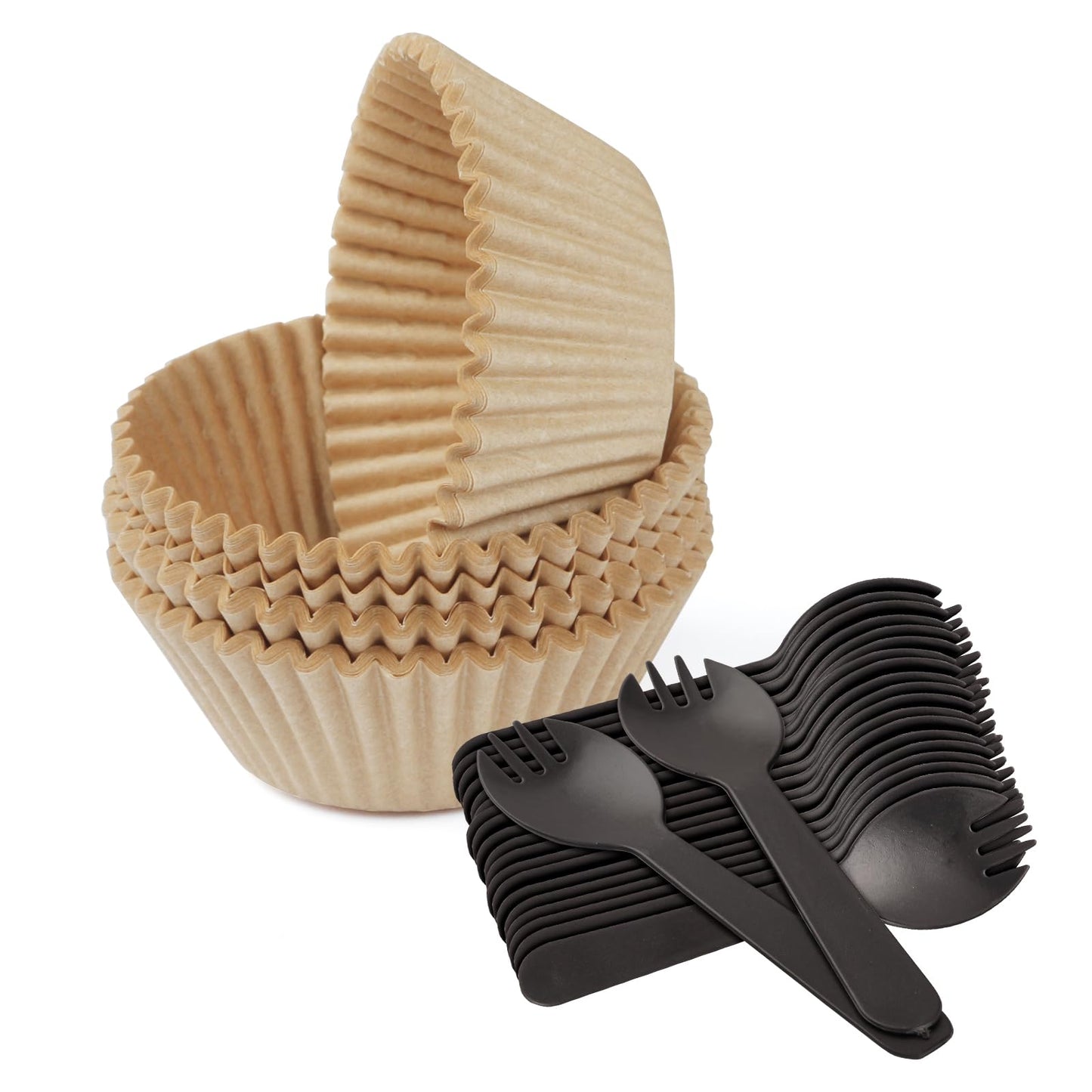 100PCS Standard Natural Cupcake Liners with 100 Plastic Spoons for Baking Cupcakes and Muffins (100, Natural, Small)