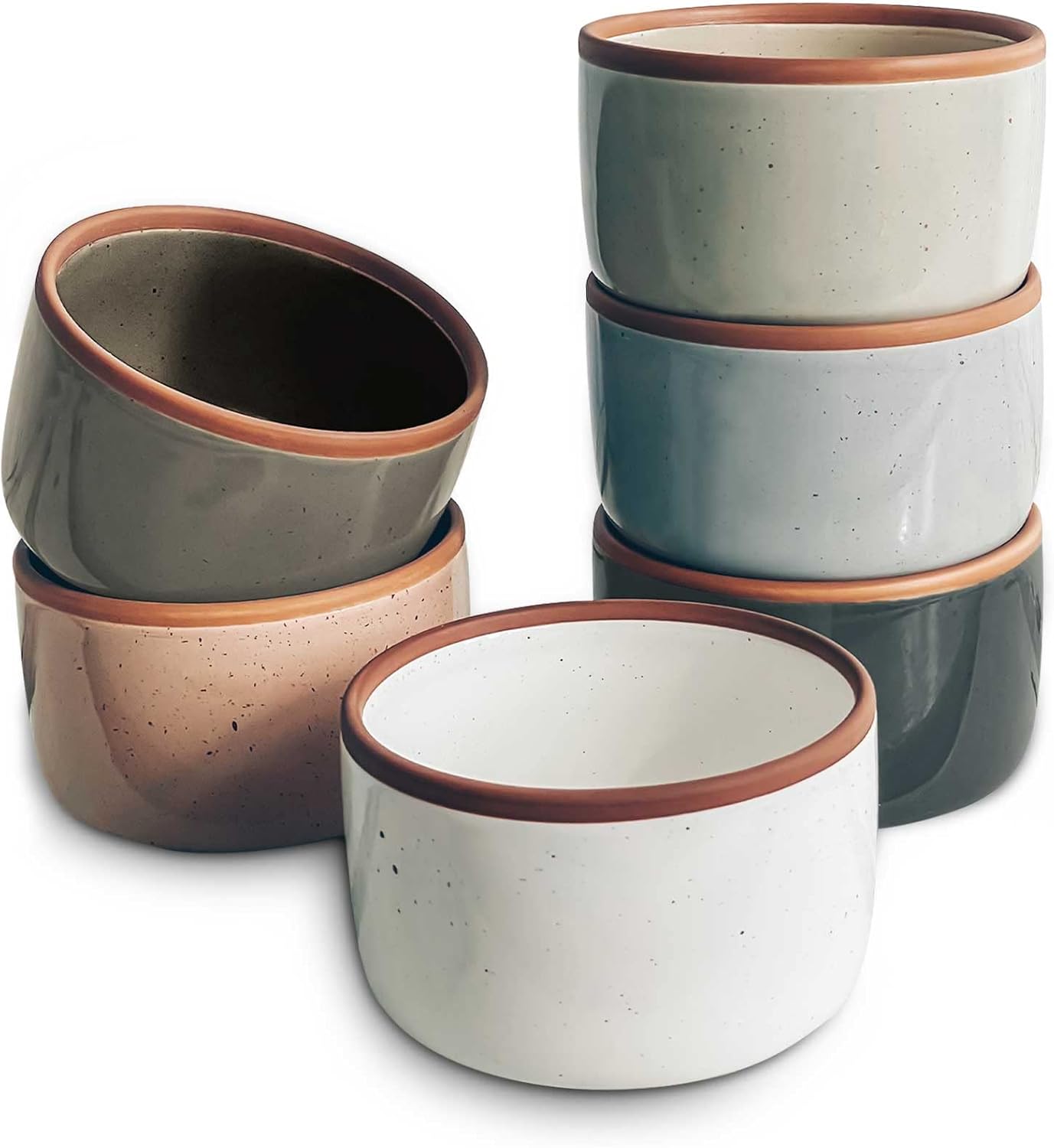 Mora Ceramic Ramekins - 4oz Set of 6 - Oven Safe Mini Baking Dishes for Pudding, Souffle & More - Assorted Neutrals