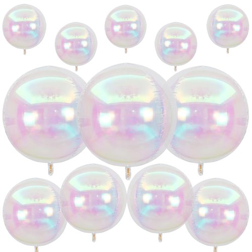 12Pcs Iridescent Round Foil Balloons, 22" 15" 10" 4D Clear Ball Balloon, Holographic Balloons for Birthday Wedding Folding Rainbow Under The Sea Mermaid Party decoration