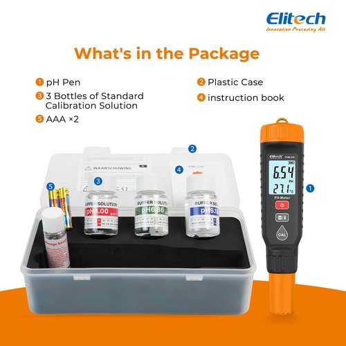 Elitech Professional pH Pen Meter - Digital Tester for pH & Temperature in Hydroponics, Growing Solutions with Full Calibration Kit for Plant Health, PHM-230