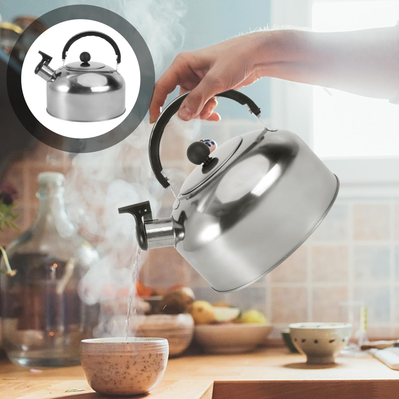 PRETYZOOM Stainless Steel Whistling Kettle for Stove Top and Induction Flat Bottom 7.08In Water Kettle with Ergonomic Handle Fast Heating Pot for Home Camping and Outdoor Brewing