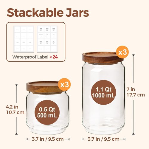 ComSaf Glass Pantry Storage Containers - Airtight 6PCS Set with Acacia Wood Lids | 1.1Qt & 0.5Qt Sizes for Organized Dry Goods