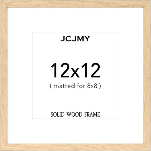 JCJMY 12x12 Solid Wood Picture Frame - Display 8x8 with Mat or 12x12 Without Mat, Natural Finish