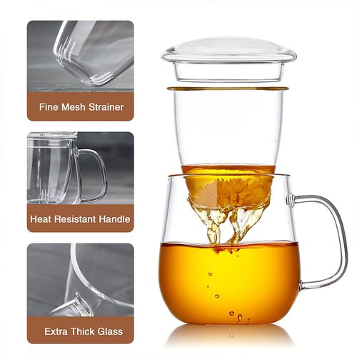 DOPUDO Glass Tea Cup with Infuser and Lid, 17.6oz/520ml Large Borosilicate Teacup,Tea Glass, Clear Mug for Loose Leaf Tea, Blooming Tea, Microwave & Dishwasher Safe - Tea Maker Gift for Birthday.