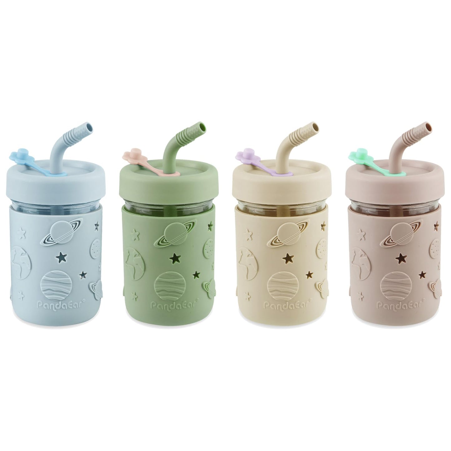 PandaEar 4 Pack Kids & Toddler Glass Cups, Glass Mason Jar Cups 8.45 oz with Silicone Sleeves & Straws, Toddler Spill-Proof Smoothie Cups for Children Ages 3+