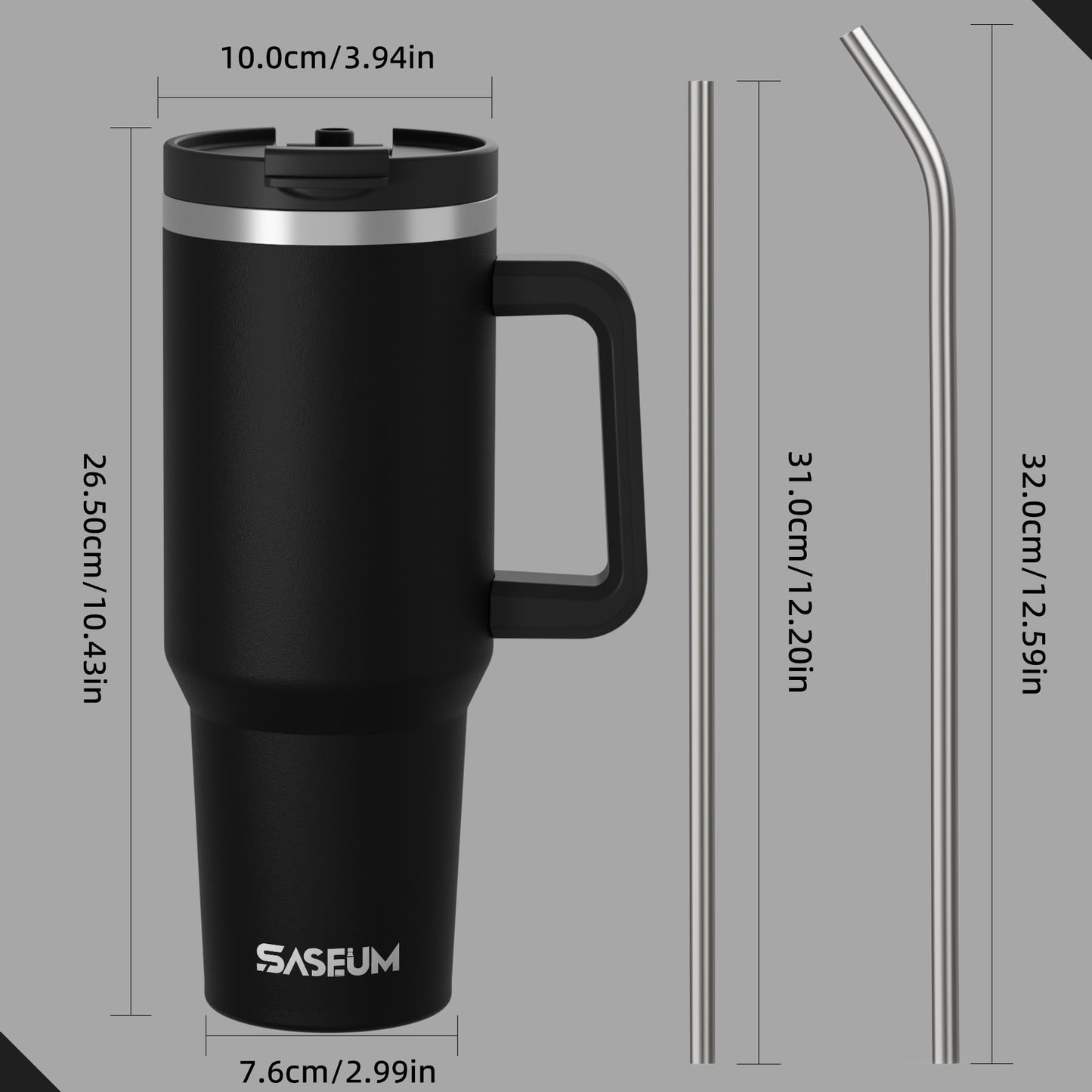 SASEUM 40 oz Tumbler with Handle and Straw, 2-in-1 Sip & Straw Lid, Vacuum Insulated Stainless Steel Travel Mug, Cup Holder Friendly, Black