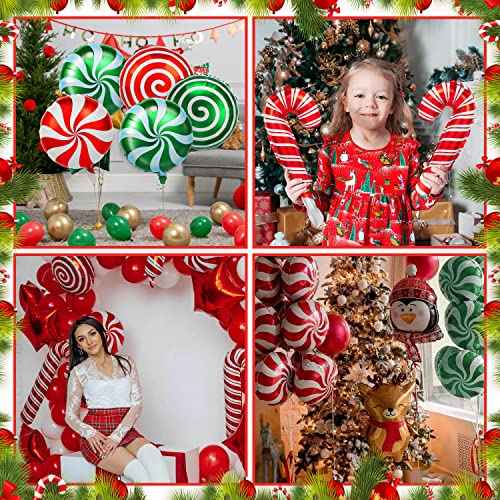 36Pcs Christmas Balloons Kit, Cane Candy Foil Balloons with Ribbons, Red Green Mylar Balloon for Party Decorations