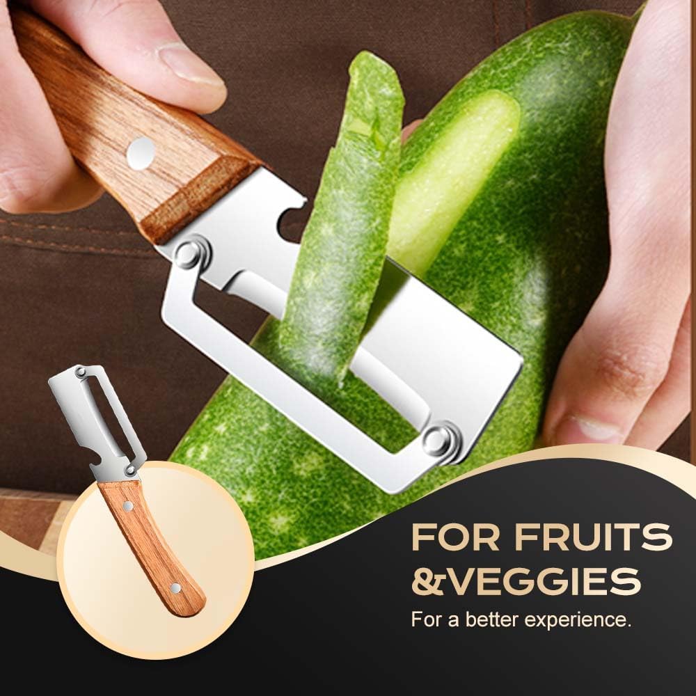 Skiennix Multi-Functional Vegetable Peeler - Stainless Steel With Wooden Handle & Bottle Opener | Ideal Kitchen Tool for Fruits & Vegetables