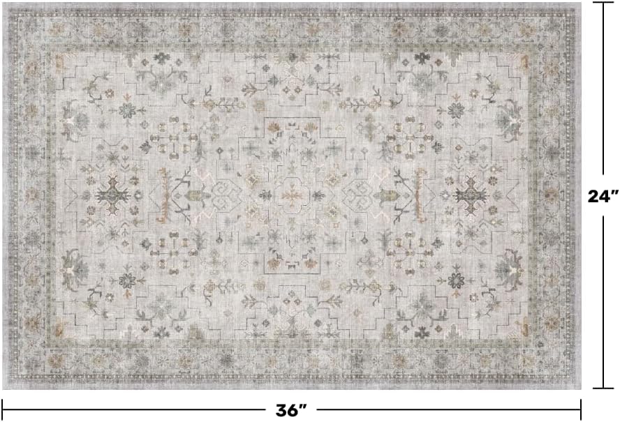 Regine Switzerland Washable 2x3 Throw Rug - Non-Slip Entryway Mat in Neutral Light Grey with Floral Accent