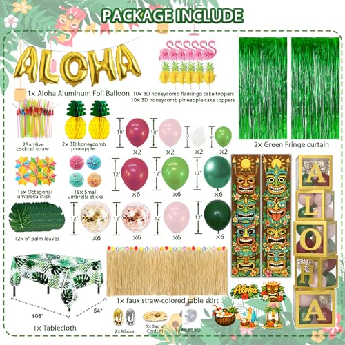 Hawaiian Party Decorations Kit - 169 Pcs Tropical Party Supplies with Balloons, Foil Banner, Fringe Curtains, Palm Leaves & More