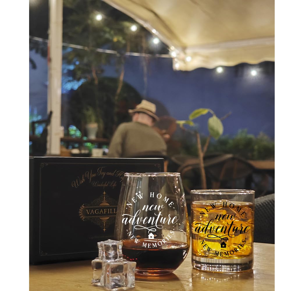 Vagafilla New Home New Adventure New Memories Stemless Wine & Whiskey Glass Gift Set 15oz, Funny Housewarming Gift for New Homeowner Hostess Realtor Clients Friends Bride Parent Groom Wine Lover-2