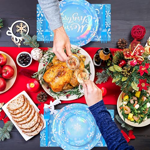 Xmas 96PCS Blue Snow Christmas Party Plates Napkins Forks Set - Fighting to Achieve