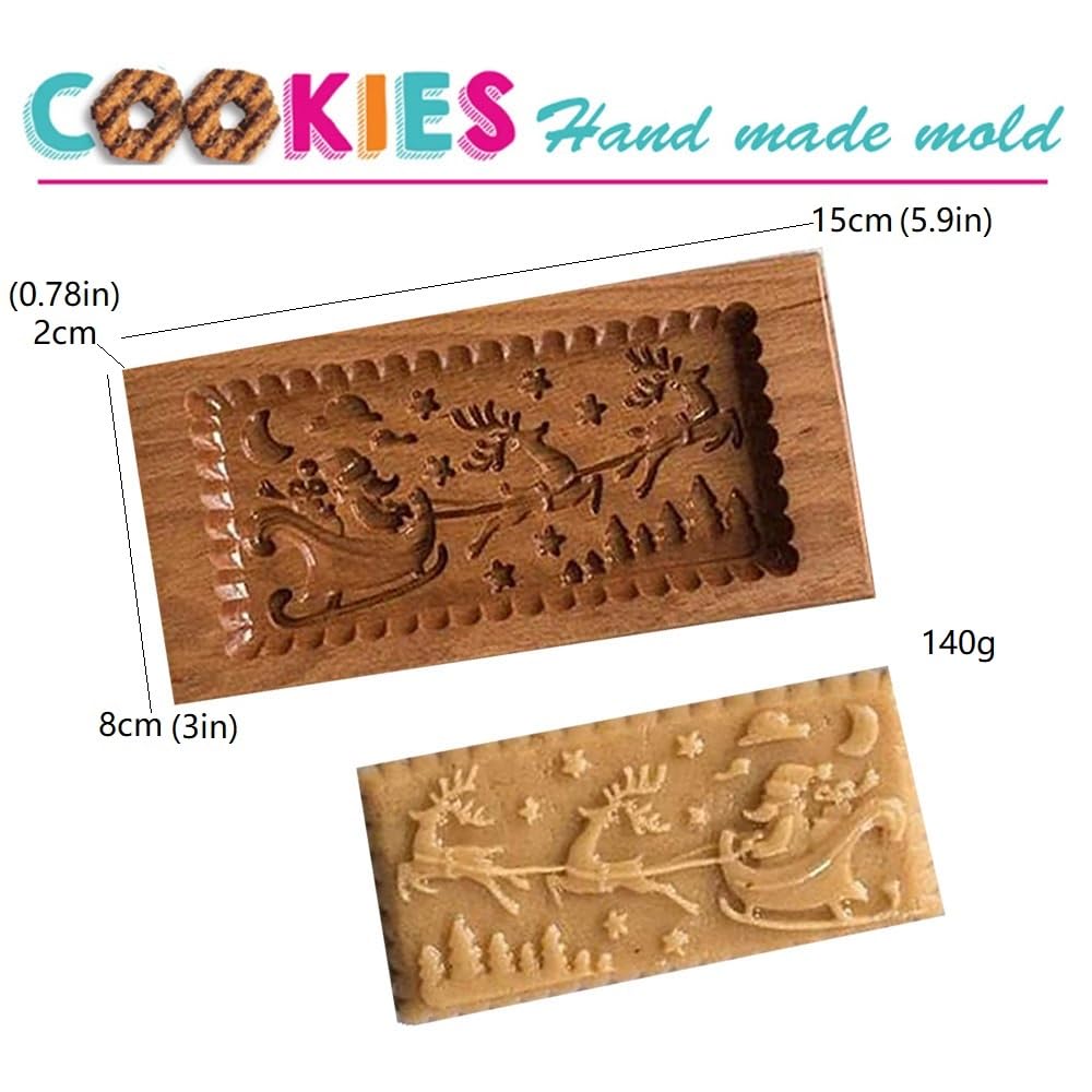 Wooden Cookie Mold Christmas Wooden Baking Mold- Santa Claus Deer Sled Shape Cake Fondant Press Stamp Embosser Cutter Cake Decor Christmas Carved Kitchen gadgets (Deer & Sled)