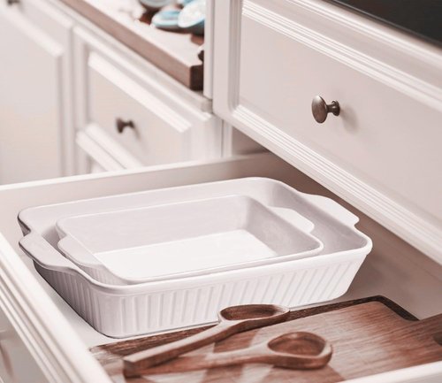Ceramic Baking Dish Set (2-Piece) - 4.4QT & 1.8QT Rectangular Casserole Pans for Lasagna, Turkey, Cake - White Oven Safe Roaster Pans 13x9.5 & 10x7 Inch Dishwasher Safe