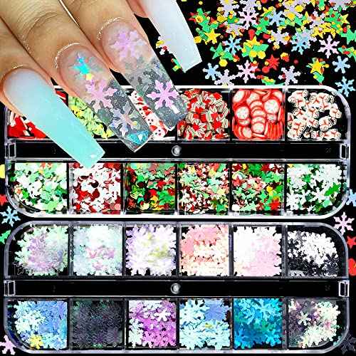 Christmas Nail Glitter Sequins, 24 Grids Holographic Snowflake Nail Art Flakes Xmas Tree Snowmen Santa Claus Stars Christmas Nail Design Winter Nail Sticker Decals Manicure DIY Christmas Decorations