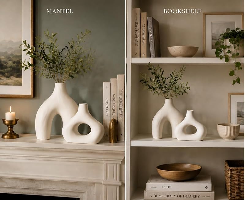 Carrot's Den Ceramic Vase Set of 2 - Warm White Modern Donut Shelf Decor