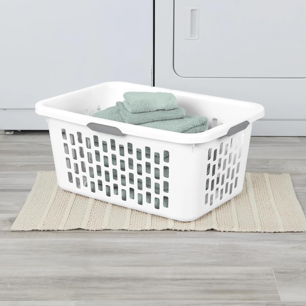 Skiennix Large Plastic Laundry Basket - Rectangle Clothes Hamper with Grip Handles | 2 Bushel Capacity, White