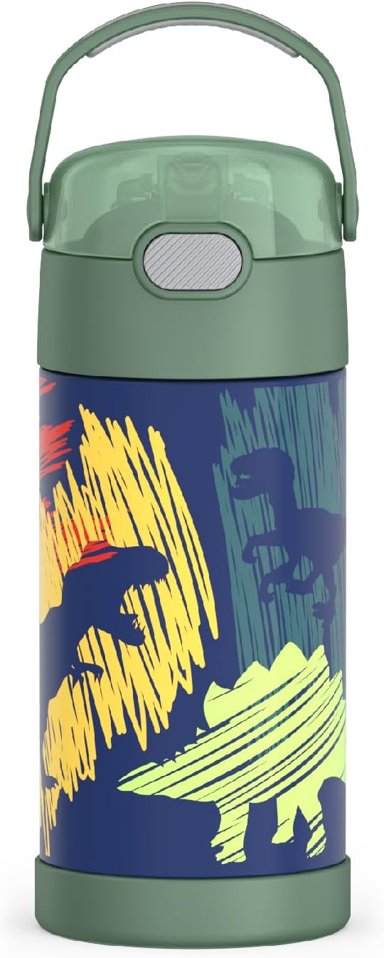 THERMOS FUNTAINER Water Bottle - 12 Ounce Stainless Steel, Vacuum Insulated with Straw - Dinosaurs Design