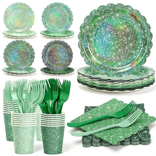 Green Iridescent Party Tableware Set for 40 Guests - Holographic Plates (Clystrant)