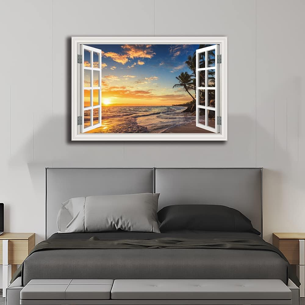 Seascape Beach Wall Art Print for Living Room - Window Frame Style Canvas Wall Decor Ocean Wave - Tropical Palm Tree Picture for Bedroom Office Home Decoration
