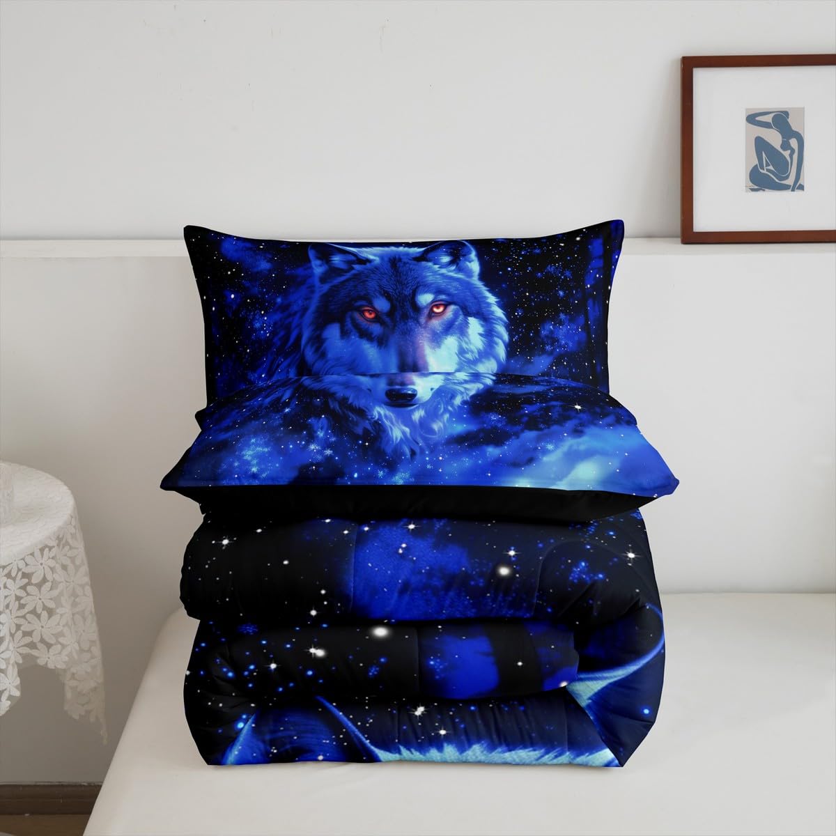 Feelyou Wolf Comforter Set Twin Size Wolves Howling Comforter for Boys Girls Teens Animal Wolves Bedding Set Mountain Moon Wolf Duvet Set Room Decor Ocean Blue Quilt Set