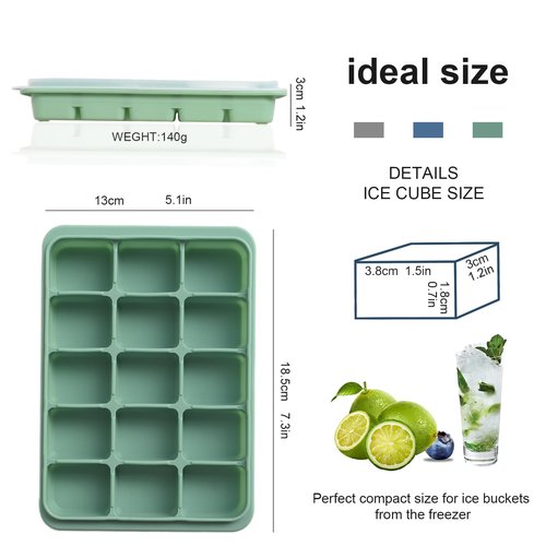 Ice Cube Trays Set of 3, Easy Release 15 Flexible Silicone Ice Cube Molds with Removable Lid Reusable Freezer Ice Trays Stackable for Whiskey, Baby Food, Green