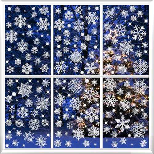 207 PCS Glitter Snowflake Window Clings, Christmas Window Clings for Glass Windows, Double Sided Reusable Christmas Window Stickers& Decals, Winter Clings for Christmas Decorations (9 Sheets)