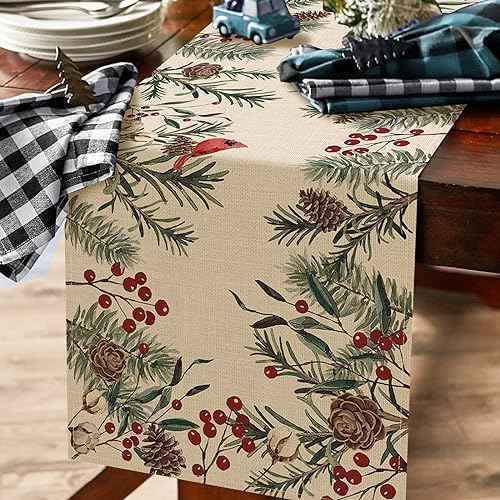 Seliem Winter Pine Needle Branches Table Runner, Pine Cone Cardinal Red Birds Berry Farmhouse Kitchen Dining Table Decor, Christmas Holiday Home Decoration Indoor Outdoor Party Supply 13 x 72 Inches