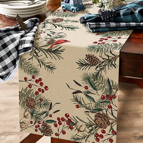Seliem Winter Pine Needle Branches Table Runner 13x72 Inches - Holiday Farmhouse Decor