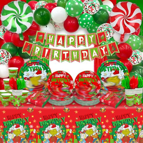 Christmas Birthday Party Decorations Set with Banner, Balloons, Tableware & Foil Curtains
